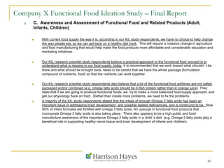 30
Company X Functional Food Ideation Study – Final Report
q  C. Awareness and Assessment of Functional Food and Related Products (Adult,
Infants, Children)
n  With current food supply the way it is, according to our KIL study respondents, we have no choice to help change
the way people eat, so we can get back on a healthy diet track. This will require a massive change in agriculture
and food manufacturing that would help make the food products more affordable and considerable education and
marketing initiatives.
n  Our KIL research scientist study respondents believe a practical approach to the functional food concept is to
understand what is missing in our food supply, today. It is recommended that we work toward what shouldn’t be
there and what should be brought back. Need to be careful that we have the whole package (formulation
compound of nutrients, food) so that the nutrients can work together.
n  Our KIL research scientist study respondents also believe that a lot of the functional food additives are not safely
packaged and/or combined (e.g. omega fatty acids should be in fish protein rather than in orange juice). They
state that if we are going to produce functional foods, we try to make a more balanced food supply approach, and
get our physiology back on tract. Rather than create more problems, we need to fix the problems.
n  A majority of the KIL study respondents stated that the intake of enough Omega 3 fatty acids has been an
important issue in addressing brain development and possible related deficiencies, and is continuing to be. Now
90% of infant formulas are fortified with omega 3 fatty acids. An upsurge in functional food products that
incorporate Omega 3 fatty acids is also taking place. There also appears to be a high public and food
manufacture awareness of the importance Omega 3 fatty acids in a child’s diet (e.g. Omega 2 fatty acids play a
beneficial role in supporting healthy nerve tissue and brain development of infants and children).
 