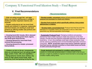Company X Functional Food Ideation Study – Final Report
V. Final Recommendations
52
n  Drivers n  Recommendations
n - Kids not eating enough fish and eggs,
which can result in deficiencies in omega 3,
choline and other important vitamins and
minerals
n - People continuing to eat too much food
(adults and children). In response, restaurants
and food industry are starting to scale back
portions by offering smaller size portions and
food packaging.
n -Develop smaller, convenient portions of food products specifically
designed and packaged for infants and children.
n -Develop food products which specifically address rising protein
deficiencies in children.
n - Develop highly concentrated food: Produce food that has all of the
elements of a complete meal to be consumed in one or a few small
spoonfuls (e.g. Microencapsulation technology)
n - Growing trend (US, Canada, UK) in demand
for eating more locally grown food, organic,
and whole grain food sources
n - Growing demand for more fresh food,
minimal food processing
n - Growing demand for simpler, processed
food products.
n -Sustainably Produced Food: Changing conditions and growing
demand for food in 2025 is going to create new pressure on the food
industry. Provide food that supports sustainable agriculture and regional/
local farms. In turn, this emphasis could help to lower production costs
and be used as a marketing tool to environmentally/organically conscious
consumers. NOTE: Sustainable organic food choices celebrates regional/
local food sources, educates consumers on food-related issues and works
to build community through food.
n - Children are fed on the go, consequently
diets are not balanced (e.g. not eating enough
eggs, protein, fruits, milk, and vegetables.)
n -Eating behavior trends show children rely
more on high calorie snack foods, while
practicing junk food grazing during the day
n -Foods designed and packaged to condition eating behavior:
Obesity is a continually growing problem in children (both in the US and
abroad). It might be possible to engineer foods that start to encourage and
condition healthy eating habits.
 