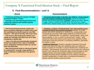 Company X Functional Food Ideation Study – Final Report
V. Final Recommendations – cont’d.
53
n  Drivers n  Recommendations
n  -Consensus growing over concern of highly
processed children’s foods.
n  -Domestic and international government and
community wellness and nutrition policies
continue to grow.
n  -The functional food products market still
faces increased challenges of health claims and
the marketing of products based on very little
research. This type of scrutiny will not go away.
n  -This trend is also finding that children and
adults are confused more than ever as to what
constitutes a healthy diet.
n  - Here in the US and internationally, functional
foods have suffered from a lack of credibility
due to misleading nutritional claims by various
food manufacturers.
n  -New food pyramid needs an advanced degree
to understand it, causing a huge problem in
what constitutes a healthy diet in the general
public
n - Introduce a uniform “functional food” icon that could be put on
branded functional food product packaging intended to provide
parents with uniform standards on nutrients (e.g. nutraingredients and
nutraceuticals) and other health-related additives to further boost the
product’s viability/benefits. An additional “clinically tested” rating could
also be applied. In turn, a uniform functional foods “healthy” rating
criteria from either food industry and/or government regulatory entities
could help to boost the consumer’s purchasing confidence, particularly
for children’s foods.
n Additional Objectives: Develop a regulatory framework that would
protect consumers from false and misleading claims and satisfy the
needs of industry for innovation in product development, marketing and
promotion. The framework should build upon the principle that "enhanced
function" and "reduced risk of disease" claims should be based on well
designed studies using appropriately identified, characterized and
validated biomarkers aims to establish common criteria to assess the
scientific substantiation of health-claims, providing the framework to
prepare scientific dossiers supporting claims.
n  -Increased opportunities to develop new children’s food products
that have inherent nutritional functionality, yet can be enhanced
through minimal food processing. Examples: Adding more fiber, Vitamin
D, eggs, cheese to healthy base foods (e.g. real fruit juices, cereals,
nutrition bars, cheese snacks, yogurt, beans, dried fruit, fresh fruit, milk.
 