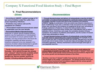 Company X Functional Food Ideation Study – Final Report
V. Final Recommendations
54
n  Drivers n  Recommendations
n -According to UNICEF, a global average of 16
per cent of children under five suffer from
acute respiratory infections.
n -Probiotics may reduce cold and flu
symptoms for children
n  -Personalized medicine/nutraceuticals slated
to materialize over the next decade.
n Personalized Medical Nanotechnology:
Molecular or cellular specific-targeted delivery
systems may find applications in individualized
food consumption to ensure optimal health. For
example, one may envision that in the future the
recognition capability will allow carrying a
bioactive compound to be only released in the
presence of certain critical biochemical or genetic
markers that are specific to each individual.
n - Through Nanotechnology and delivery of nutraceuticals a new line of infant
and toddler’s functional foods designed for a particular season (winter cold and
flu months); Benefits include help with flu-like symptoms and intestinal
problems. NOTE: A combination of the two strains was linked to reductions in
fever incidence by 73 per cent, a reduction in the occurrence of runny noses by
59 per cent, and drop in the incidence of coughing by 62 per cent, according to
findings published in Pediatrics. It stated that daily probiotic dietary
supplementation during the winter months was a safe effective way to reduce
episodes of fever, rhinorrhea, and cough, the cumulative duration of those
symptoms, the incidence of antibiotic prescriptions, and the number of missed
school days attributable to illness.
n  Through Nanotechnology and delivery of nutraceuticals, a new line of baby
food with meds for regenerating skin could be developed. For example, if you
got a scrape your skin, it would heal itself very quickly. Kids get hurt a lot and it
would ease a lot of moms minds. It could also wipe out bandages (disruptive
innovation approach). Delivery mechanisms could be through some type of
new baby/kids food line.
n  Develop a new line of “phased” infant formulas which would address the
various stages of growth in an infant’s life. Also include a “phased” infant solid
food line, which could include various functional food formulations aligned with
the various growth and development phases of the infant.
n Develop a new line of “phased” toddler food products which also focus on
various stages of the toddler’s development. The phased products would also
include various functional food formulations aligned with the various growth
and development phases of a toddler.
n Trends toward more personalized infant
formulas: US is behind Europe who already
have “phased” infant formulas available which
are geared toward the various stages of
growth (e.g. first six months, second six
months, including adding solid foods.)
 