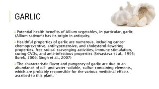 GARLIC
Potential health benefits of Allium vegetables, in particular, garlic
(Allium sativum) has its origin in antiquity.
Healthful properties of garlic are numerous, including cancer
chemopreventive, antihypertensive, and cholesterol-lowering
properties, free radical scavenging activities, immune stimulation,
curing CVDs, and anti-infectious properties (Srivastava et al., 1995;
Borek, 2006; Singh et al., 2007)
The characteristic flavor and pungency of garlic are due to an
abundance of oil- and water-soluble, sulfur-containing elements,
which are probably responsible for the various medicinal effects
ascribed to this plant.
 