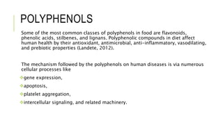 POLYPHENOLS
Some of the most common classes of polyphenols in food are flavonoids,
phenolic acids, stilbenes, and lignans. Polyphenolic compounds in diet affect
human health by their antioxidant, antimicrobial, anti-inflammatory, vasodilating,
and prebiotic properties (Landete, 2012).
The mechanism followed by the polyphenols on human diseases is via numerous
cellular processes like
gene expression,
apoptosis,
platelet aggregation,
intercellular signaling, and related machinery.
 