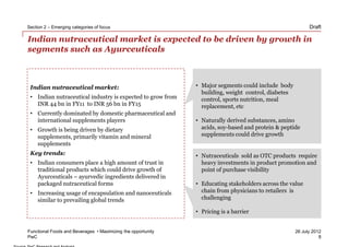 Section 2 – Emerging categories of focus                                                                   Draft

Indian nutraceutical market is expected to be driven by growth in
segments such as Ayurceuticals



 Indian nutraceutical market:                                 • Major segments could include body
                                                                building, weight control, diabetes
 • Indian nutraceutical industry is expected to grow from       control, sports nutrition, meal
   INR 44 bn in FY11 to INR 56 bn in FY15                       replacement, etc
 • Currently dominated by domestic pharmaceutical and
   international supplements players                          • Naturally derived substances, amino
 • Growth is being driven by dietary                            acids, soy-based and protein & peptide
   supplements, primarily vitamin and mineral                   supplements could drive growth
   supplements
 Key trends:                                                  • Nutraceuticals sold as OTC products require
 • Indian consumers place a high amount of trust in             heavy investments in product promotion and
   traditional products which could drive growth of             point of purchase visibility
   Ayurceuticals – ayurvedic ingredients delivered in
   packaged nutraceutical forms                               • Educating stakeholders across the value
 • Increasing usage of encapsulation and nanoceuticals          chain from physicians to retailers is
   similar to prevailing global trends                          challenging

                                                              • Pricing is a barrier


Functional Foods and Beverages • Maximizing the opportunity                                          26 July 2012
PwC                                                                                                             8
 