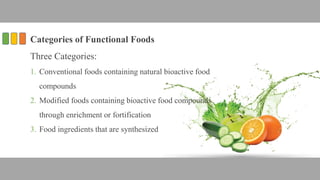 Categories of Functional Foods
Three Categories:
1. Conventional foods containing natural bioactive food
compounds
2. Modified foods containing bioactive food compounds
through enrichment or fortification
3. Food ingredients that are synthesized
 