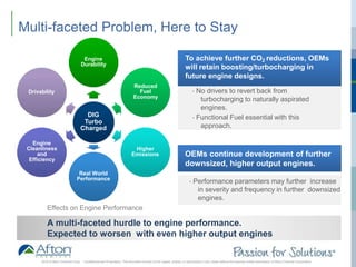 ®
Multi-faceted Problem, Here to Stay
DIG
Turbo
Charged
Engine
Durability
Reduced
Fuel
Economy
Higher
Emissions
Real World
Performance
Engine
Cleanliness
and
Efficiency
Drivability
To achieve further CO2 reductions, OEMs
will retain boosting/turbocharging in
future engine designs.
Effects on Engine Performance
A multi-faceted hurdle to engine performance.
Expected to worsen with even higher output engines
No drivers to revert back from
turbocharging to naturally aspirated
engines.
Functional Fuel essential with this
approach.
OEMs continue development of further
downsized, higher output engines.
Performance parameters may further increase
in severity and frequency in further downsized
engines.
2016 © Afton Chemical Corp. Confidential and Proprietary. This document should not be copied, shared, or reproduced in any media without the express written permission of Afton Chemical Corporation
 
