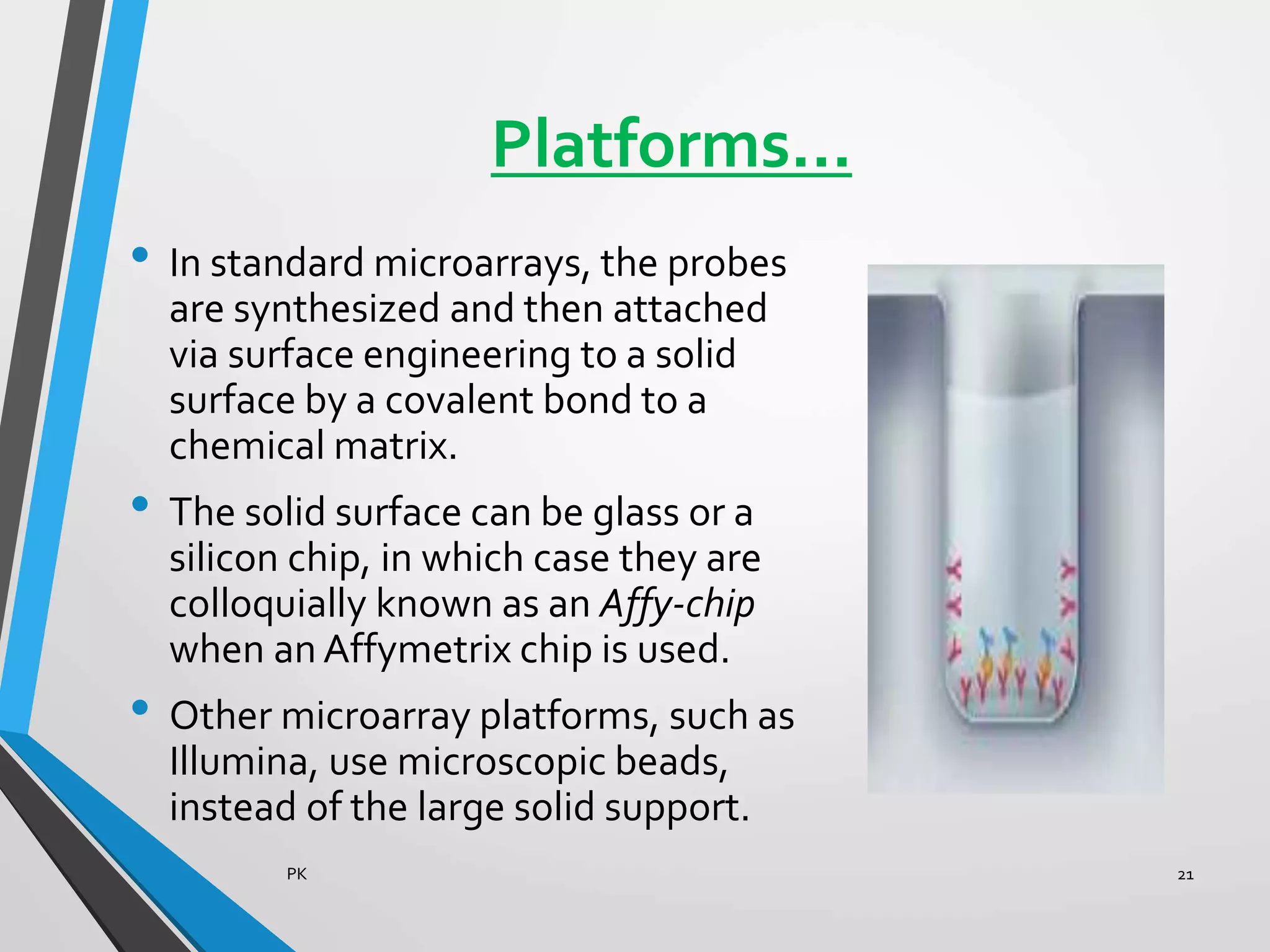 Platforms…
• In standard microarrays, the probes
are synthesized and then attached
via surface engineering to a solid
surface by a covalent bond to a
chemical matrix.
• The solid surface can be glass or a
silicon chip, in which case they are
colloquially known as an Affy-chip
when an Affymetrix chip is used.
• Other microarray platforms, such as
Illumina, use microscopic beads,
instead of the large solid support.
PK 21
 