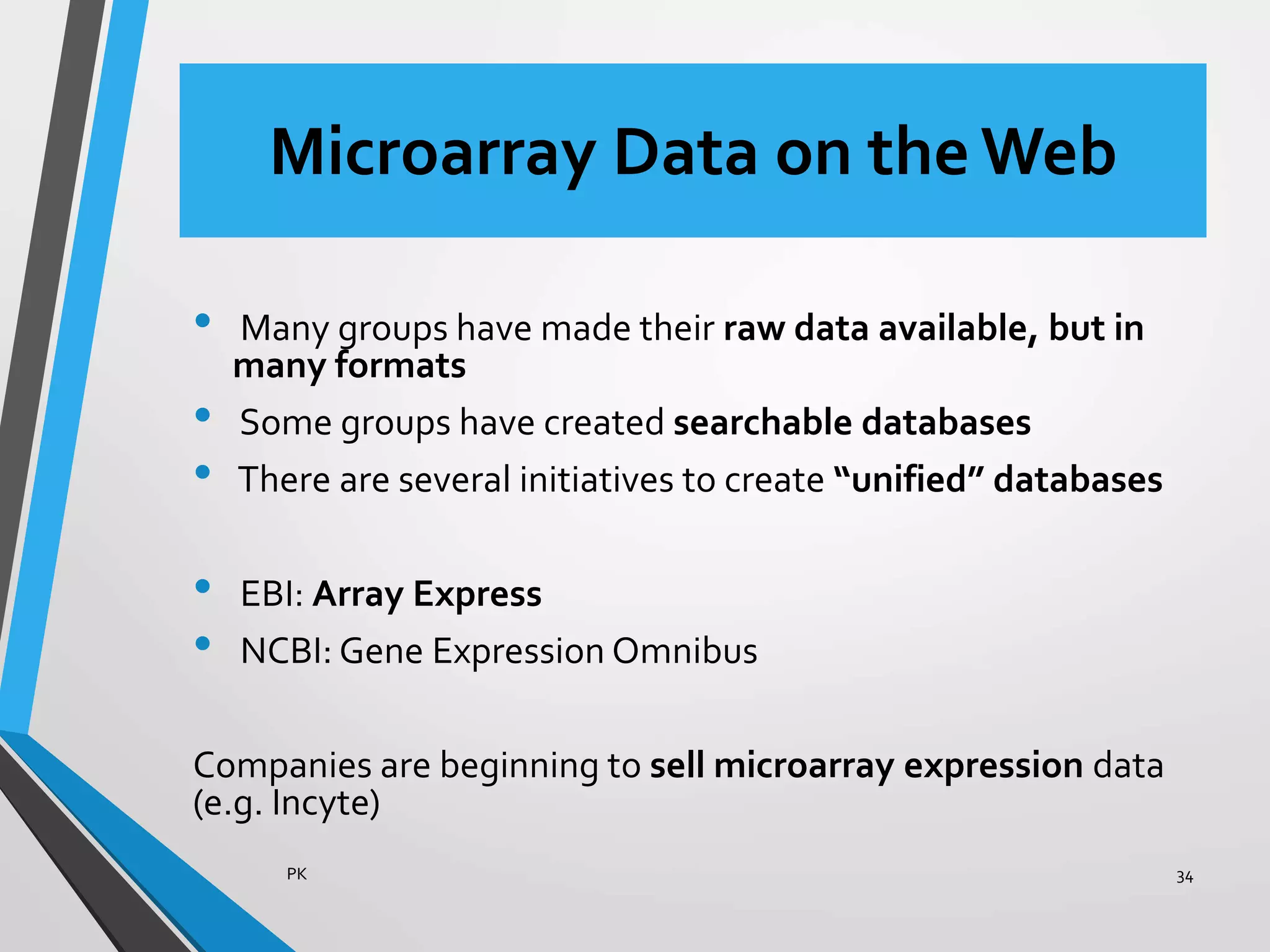 Microarray Data on the Web
• Many groups have made their raw data available, but in
many formats
• Some groups have created searchable databases
• There are several initiatives to create “unified” databases
• EBI: Array Express
• NCBI: Gene Expression Omnibus
Companies are beginning to sell microarray expression data
(e.g. Incyte)
PK 34
 