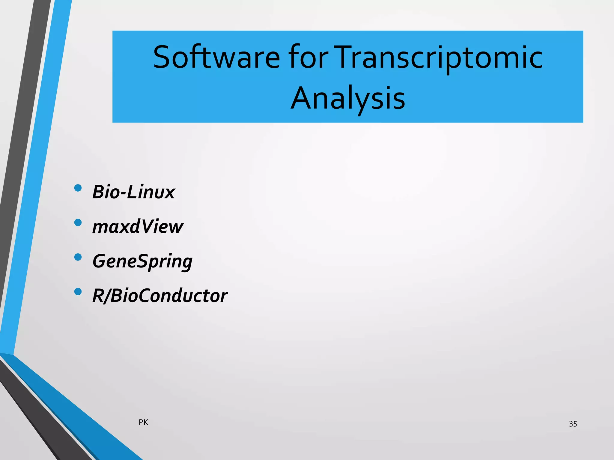 Software forTranscriptomic
Analysis
• Bio-Linux
• maxdView
• GeneSpring
• R/BioConductor
PK 35
 