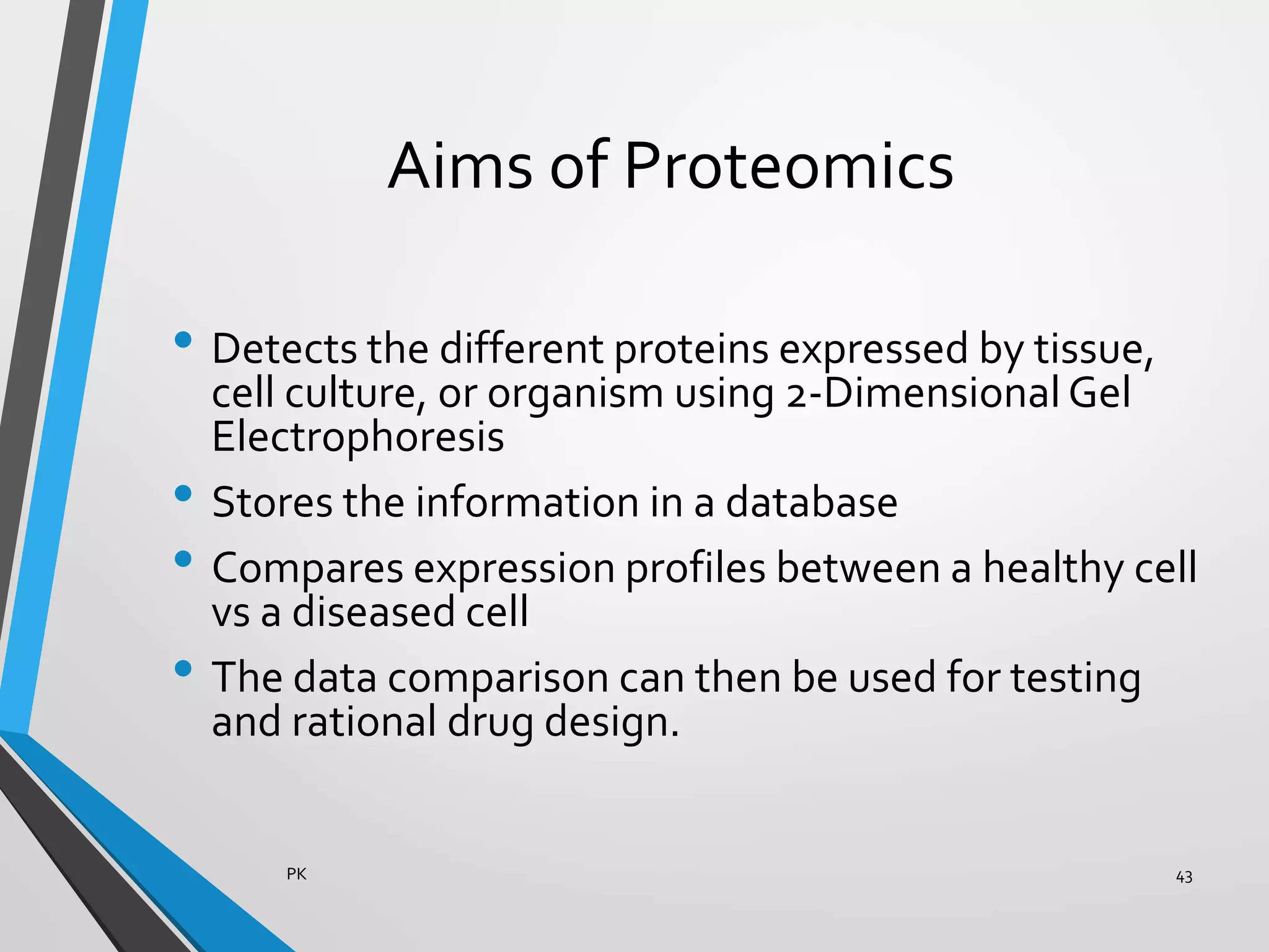 Aims of Proteomics
• Detects the different proteins expressed by tissue,
cell culture, or organism using 2-Dimensional Gel
Electrophoresis
• Stores the information in a database
• Compares expression profiles between a healthy cell
vs a diseased cell
• The data comparison can then be used for testing
and rational drug design.
PK 43
 