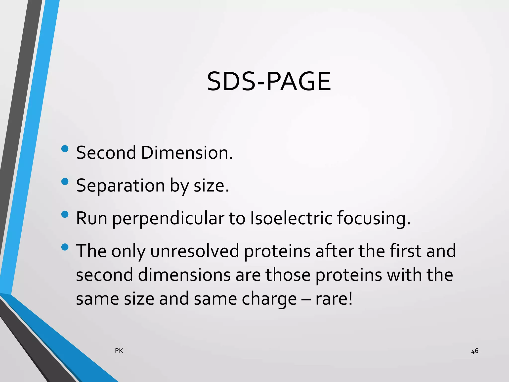 SDS-PAGE
• Second Dimension.
• Separation by size.
• Run perpendicular to Isoelectric focusing.
• The only unresolved proteins after the first and
second dimensions are those proteins with the
same size and same charge – rare!
PK 46
 