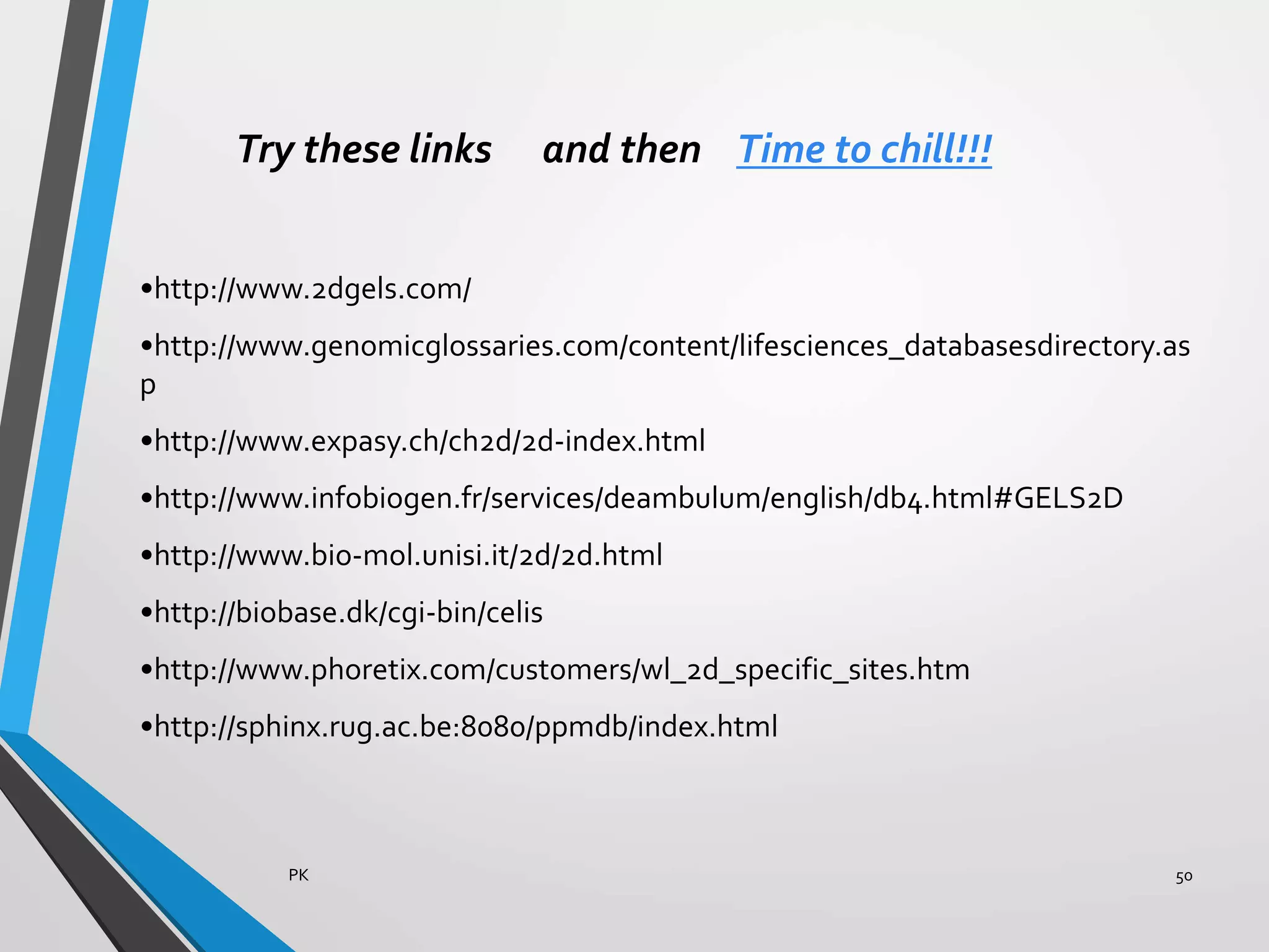 Try these links
•http://www.2dgels.com/
•http://www.genomicglossaries.com/content/lifesciences_databasesdirectory.as
p
•http://www.expasy.ch/ch2d/2d-index.html
•http://www.infobiogen.fr/services/deambulum/english/db4.html#GELS2D
•http://www.bio-mol.unisi.it/2d/2d.html
•http://biobase.dk/cgi-bin/celis
•http://www.phoretix.com/customers/wl_2d_specific_sites.htm
•http://sphinx.rug.ac.be:8080/ppmdb/index.html
and then Time to chill!!!
PK 50
 