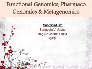 Functional Genomics, Pharmaco
Genomics & Metagenomics
Submitted BY;
Sangeeta V. Jadav
Reg.No.-2010117051
GPB
 
