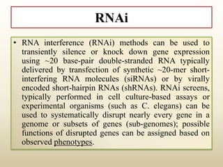 RNAi
• RNA interference (RNAi) methods can be used to
transiently silence or knock down gene expression
using ~20 base-pair double-stranded RNA typically
delivered by transfection of synthetic ~20-mer short-
interfering RNA molecules (siRNAs) or by virally
encoded short-hairpin RNAs (shRNAs). RNAi screens,
typically performed in cell culture-based assays or
experimental organisms (such as C. elegans) can be
used to systematically disrupt nearly every gene in a
genome or subsets of genes (sub-genomes); possible
functions of disrupted genes can be assigned based on
observed phenotypes.
 