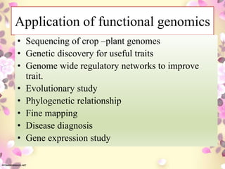 Application of functional genomics
• Sequencing of crop –plant genomes
• Genetic discovery for useful traits
• Genome wide regulatory networks to improve
trait.
• Evolutionary study
• Phylogenetic relationship
• Fine mapping
• Disease diagnosis
• Gene expression study
 