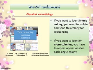 Why iS iT revolutionary?
Classical microbiology
1 colony 1 analysis 1 bacterial identification
20 colonies 20 analyses 20 bacterial identifications
Time consuming
Laborious
expensive
• If you want to identify one
colony, you need to isolate
and send this colony for
sequencing
• If you want to identify
more colonies, you have
to repeat operations for
each single colony
 