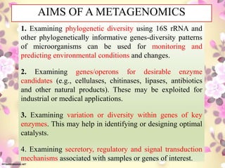 AIMS OF A METAGENOMICS
1. Examining phylogenetic diversity using 16S rRNA and
other phylogenetically informative genes-diversity patterns
of microorganisms can be used for monitoring and
predicting environmental conditions and changes.
2. Examining genes/operons for desirable enzyme
candidates (e.g., cellulases, chitinases, lipases, antibiotics
and other natural products). These may be exploited for
industrial or medical applications.
3. Examining variation or diversity within genes of key
enzymes. This may help in identifying or designing optimal
catalysts.
4. Examining secretory, regulatory and signal transduction
mechanisms associated with samples or genes of interest.
 