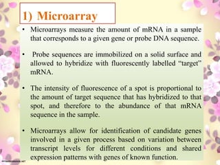 • Microarrays measure the amount of mRNA in a sample
that corresponds to a given gene or probe DNA sequence.
• Probe sequences are immobilized on a solid surface and
allowed to hybridize with fluorescently labelled “target”
mRNA.
• The intensity of fluorescence of a spot is proportional to
the amount of target sequence that has hybridized to that
spot, and therefore to the abundance of that mRNA
sequence in the sample.
• Microarrays allow for identification of candidate genes
involved in a given process based on variation between
transcript levels for different conditions and shared
expression patterns with genes of known function.
1) Microarray
 