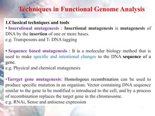 Techniques in Functional Genome Analysis
1.Classical techniques and tools
• Inserstional mutagenesis : Insertional mutagenesis is mutagenesis of
DNA by the insertion of one or more bases.
e.g. Transposons and T- DNA tagging
• Sequence based mutagenesis : It is a molecular biology method that is
used to make specific and intentional changes to the DNA sequence of a
gene.
e.g. Physical and chemical mutagenesis
•Tarrget gene mutagenesis: Homologous recombination can be used to
produce specific mutation in an organism. Vector containing DNA sequence
similar to the gene to be modified is introduced to the cell, and by a process
of recombination replaces the target gene in the chromosome.
e.g. RNAi, Sense and antisense expression
 