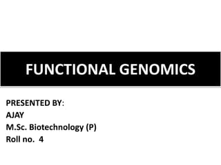 FUNCTIONAL GENOMICS
PRESENTED BY:
AJAY
M.Sc. Biotechnology (P)
Roll no. 4
 