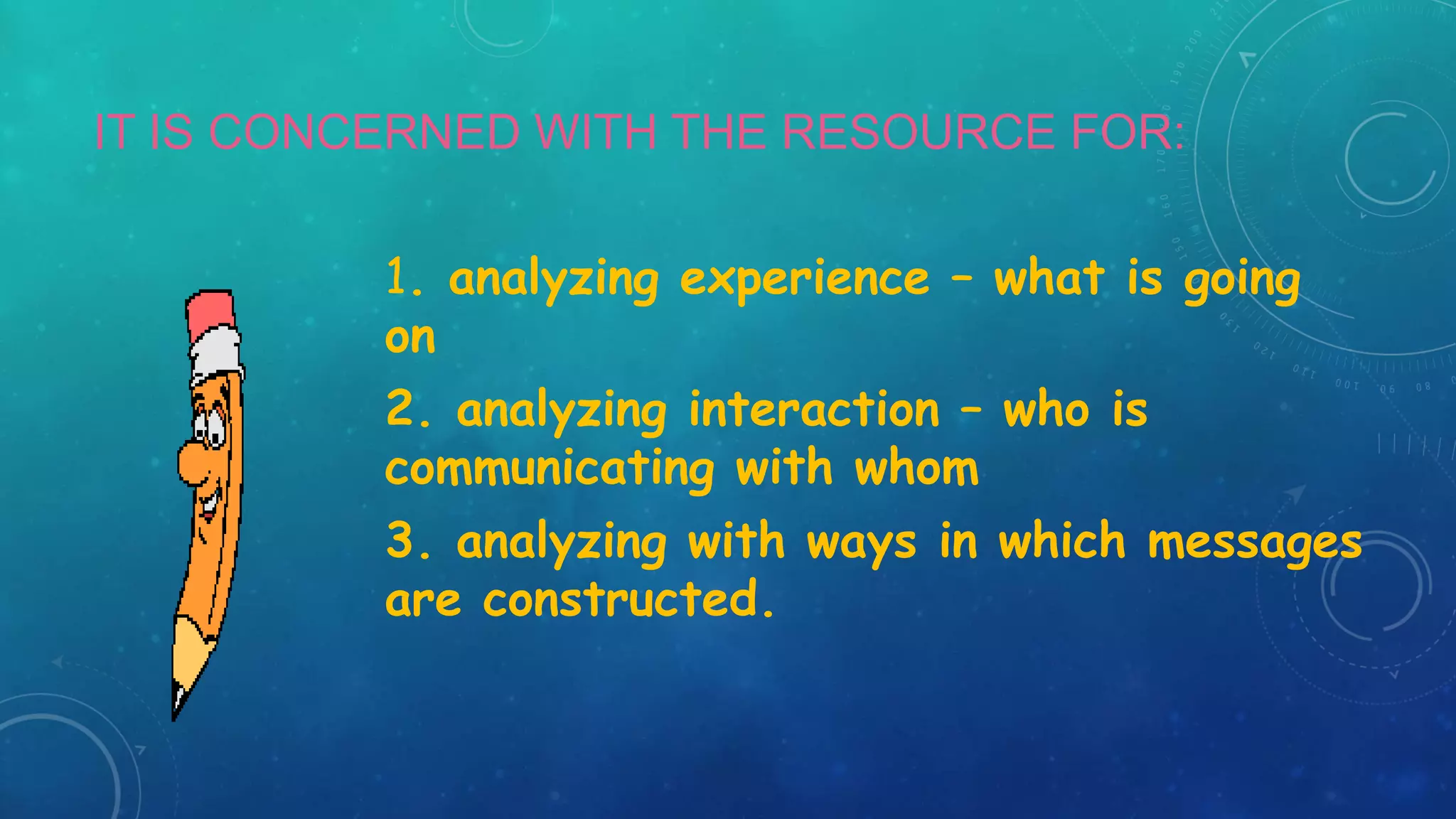 IT IS CONCERNED WITH THE RESOURCE FOR:
1. analyzing experience – what is going
on
2. analyzing interaction – who is
communicating with whom
3. analyzing with ways in which messages
are constructed.

 