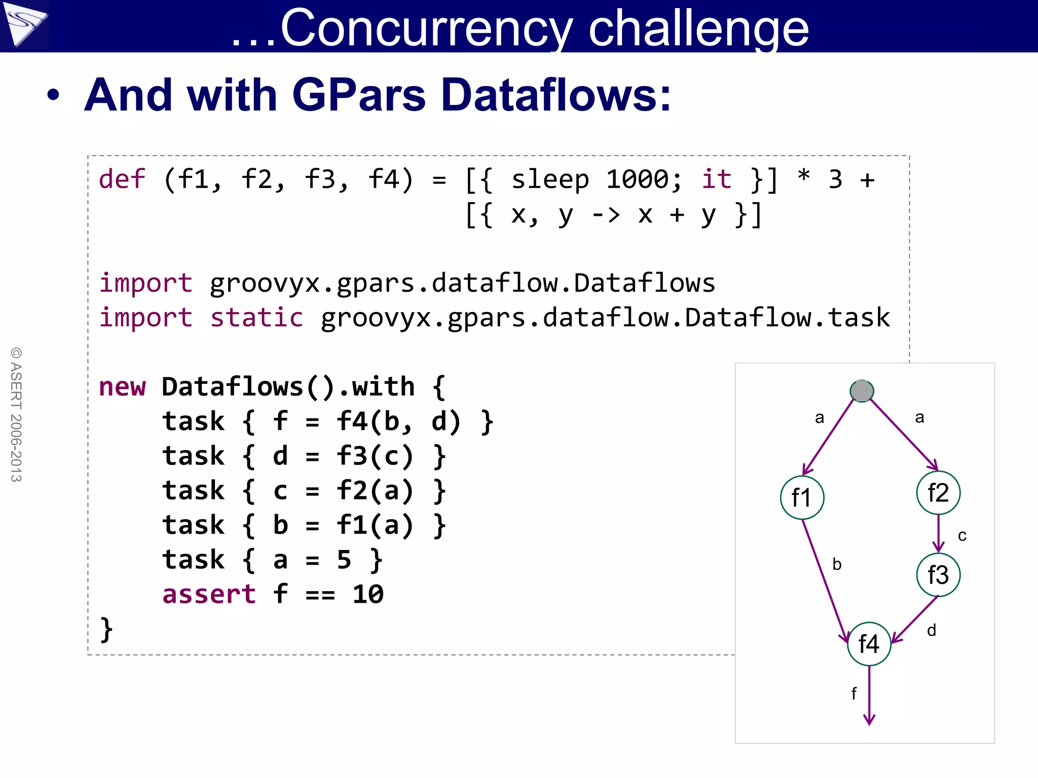 …Concurrency challenge
• And with GPars Dataflows:
©ASERT2006-2013
def (f1, f2, f3, f4) = [{ sleep 1000; it }] * 3 +
[{ x, y -> x + y }]
import groovyx.gpars.dataflow.Dataflows
import static groovyx.gpars.dataflow.Dataflow.task
new Dataflows().with {
task { f = f4(b, d) }
task { d = f3(c) }
task { c = f2(a) }
task { b = f1(a) }
task { a = 5 }
assert f == 10
}
f2
f3
f1
f4
aa
b
c
d
f
 