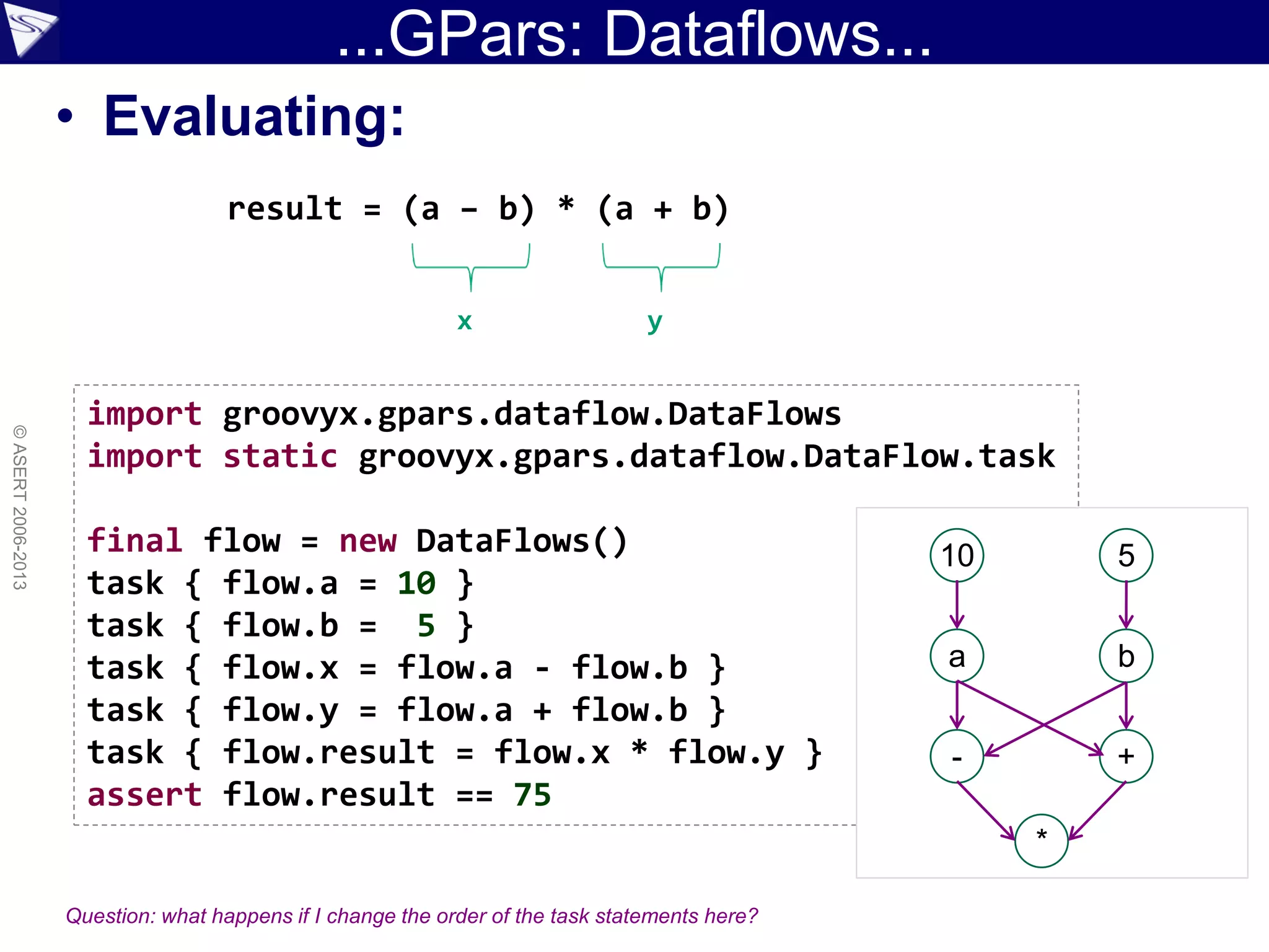 ...GPars: Dataflows...
• Evaluating:
©ASERT2006-2013
import groovyx.gpars.dataflow.DataFlows
import static groovyx.gpars.dataflow.DataFlow.task
final flow = new DataFlows()
task { flow.a = 10 }
task { flow.b = 5 }
task { flow.x = flow.a - flow.b }
task { flow.y = flow.a + flow.b }
task { flow.result = flow.x * flow.y }
assert flow.result == 75
b
10 5
a
+-
*
result = (a – b) * (a + b)
x y
Question: what happens if I change the order of the task statements here?
 