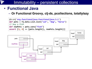 Immutability – persistent collections
• Functional Java
– Or Functional Groovy, clj-ds, pcollections, totallylazy
@Grab('org.functionaljava:functionaljava:3.1')
def pets = fj.data.List.list("cat", "dog", "horse")
// buy a fish
def newPets = pets.cons("fish")
assert [3, 4] == [pets.length(), newPets.length()]
pets
newPets
head
tail
head
tail
head
tail
head
tail
fish
cat
dog
horse
 