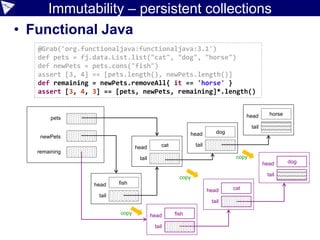 Immutability – persistent collections
• Functional Java
@Grab('org.functionaljava:functionaljava:3.1')
def pets = fj.data.List.list("cat", "dog", "horse")
def newPets = pets.cons("fish")
assert [3, 4] == [pets.length(), newPets.length()]
def remaining = newPets.removeAll{ it == 'horse' }
assert [3, 4, 3] == [pets, newPets, remaining]*.length()
pets
newPets
head
tail
head
tailhead
tail
head
tail
fish
cat
dog
horse
remaining
head
tail
head
tail
head
tail
fish
cat
dog
copy
copy
copy
 