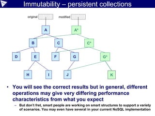 Immutability – persistent collections
• You will see the correct results but in general, different
operations may give very differing performance
characteristics from what you expect
– But don’t fret, smart people are working on smart structures to support a variety
of scenarios. You may even have several in your current NoSQL implementation
A
B C
D E F G
H I
A*
C*
G*
KJ
original modified
 