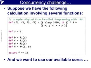 Concurrency challenge…
• Suppose we have the following
calculation involving several functions:
• And we want to use our available cores …
©ASERT2006-2013
// example adapted from Parallel Programming with .Net
def (f1, f2, f3, f4) = [{ sleep 1000; it }] * 3 +
[{ x, y -> x + y }]
def a = 5
def b = f1(a)
def c = f2(a)
def d = f3(c)
def f = f4(b, d)
assert f == 10
 