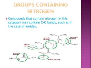  Compounds that contain nitrogen in this
category may contain C-O bonds, such as in
the case of amides.
 