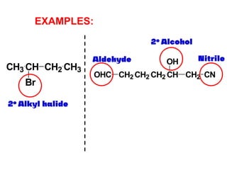 EXAMPLES:
CH3 CH CH2
Br
CH3
CH2 CH2 CH2 CH
OH
CH2 CN
OHC
 