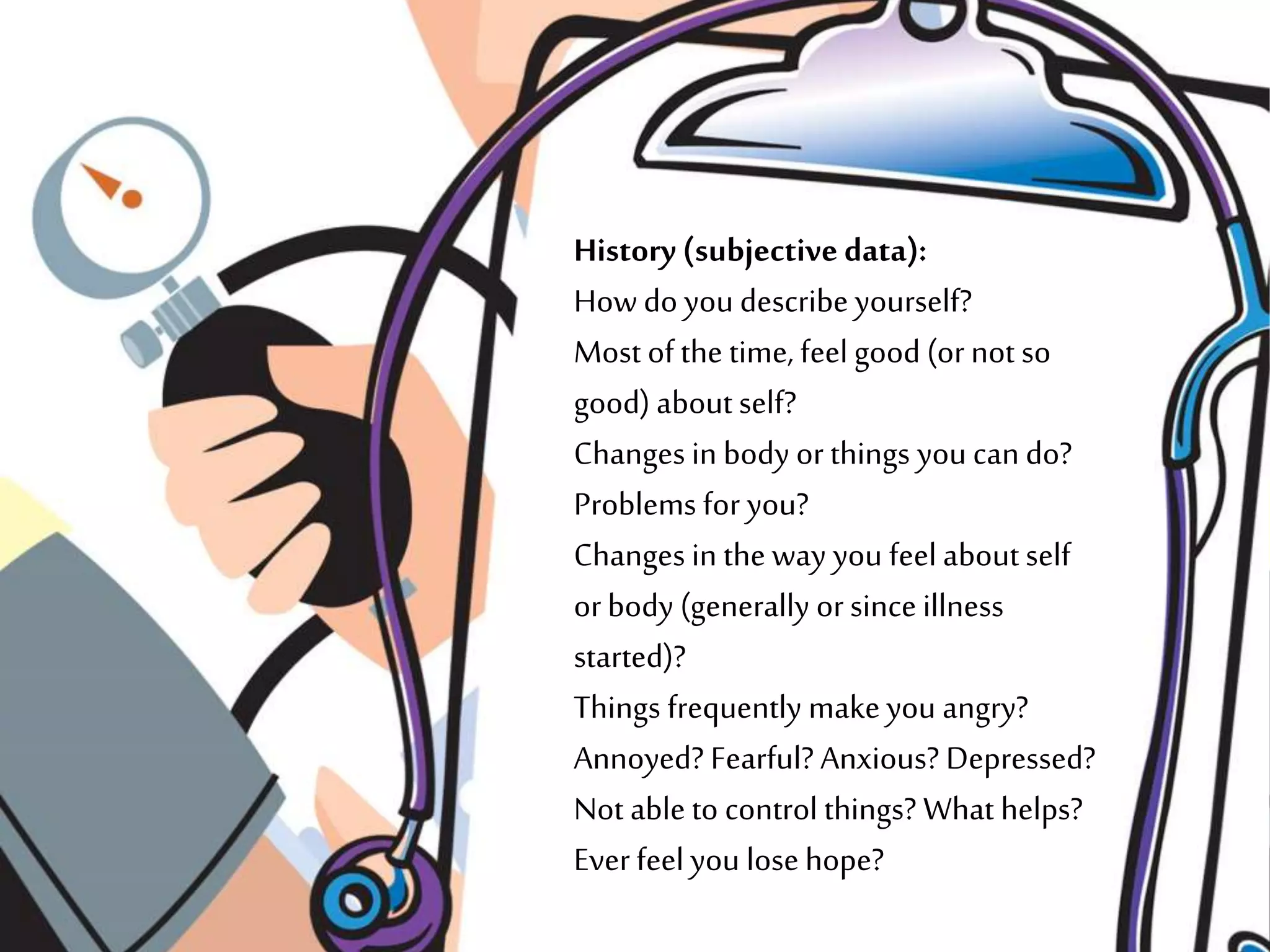 History (subjective data):
Howdo youdescribe yourself?
Most of the time, feel good (ornot so
good) about self?
Changes in body or things you can do?
Problems for you?
Changes in the way you feel about self
orbody (generally orsince illness
started)?
Things frequently make you angry?
Annoyed? Fearful? Anxious? Depressed?
Not able to control things? What helps?
Everfeel you lose hope?
 