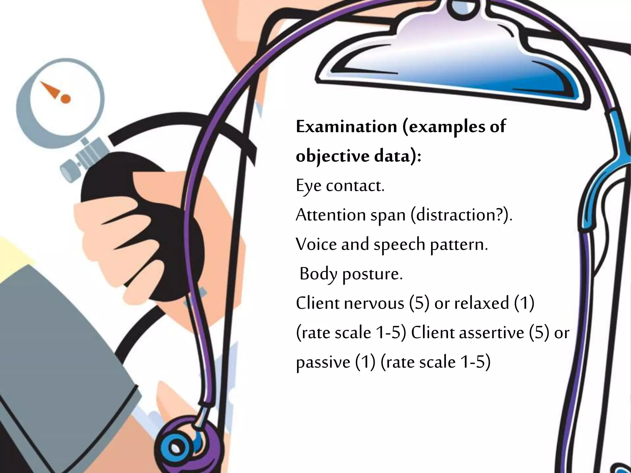 Examination (examples of
objective data):
Eye contact.
Attention span (distraction?).
Voice and speech pattern.
Body posture.
Client nervous (5) or relaxed (1)
(rate scale1-5) Client assertive (5) or
passive (1) (rate scale1-5)
 