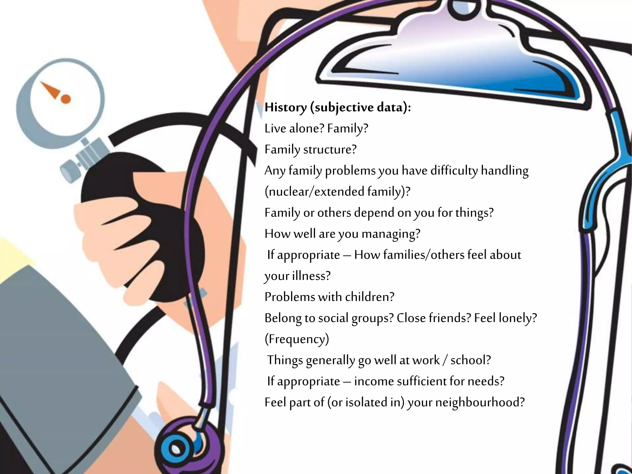 History (subjective data):
Livealone?Family?
Family structure?
Anyfamilyproblemsyouhavedifficultyhandling
(nuclear/extendedfamily)?
Family orothersdependon youforthings?
How well areyoumanaging?
If appropriate–How families/othersfeel about
yourillness?
Problemswith children?
Belong tosocial groups?Closefriends? Feel lonely?
(Frequency)
Things generally gowellatwork/ school?
If appropriate–income sufficientforneeds?
Feel partof(orisolatedin) yourneighbourhood?
 
