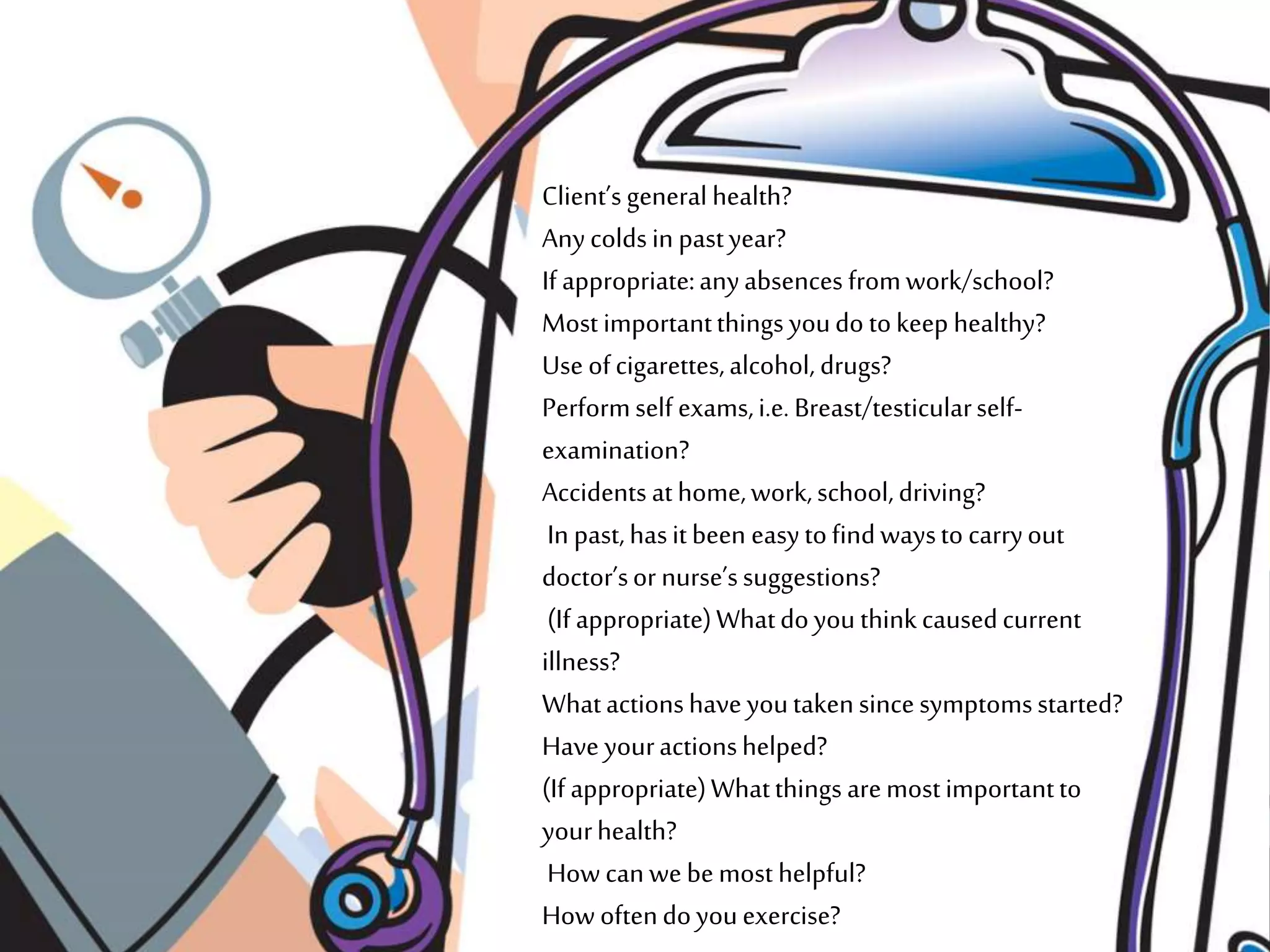 Client’sgeneral health?
Anycoldsin pastyear?
If appropriate:anyabsences fromwork/school?
Most importantthings youdo tokeep healthy?
Use ofcigarettes,alcohol, drugs?
Performself exams,i.e. Breast/testicularself-
examination?
Accidentsathome,work,school,driving?
In past,hasitbeen easytofindwaysto carryout
doctor’sor nurse’ssuggestions?
(If appropriate)Whatdoyouthinkcausedcurrent
illness?
Whatactionshaveyoutakensincesymptomsstarted?
Have youractionshelped?
(If appropriate)Whatthings aremostimportantto
yourhealth?
How canwebemost helpful?
Howoftendoyouexercise?
 