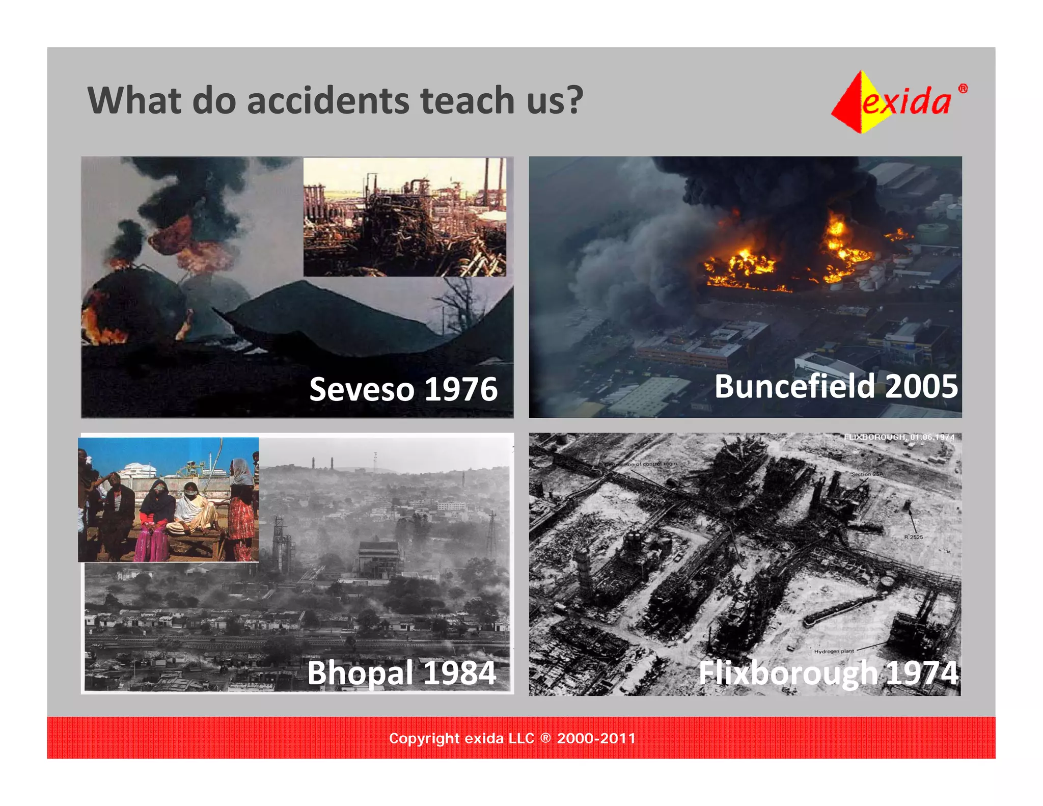 What do accidents teach us?




            Seveso 1976                           Buncefield 2005




           Bhopal 1984                            Flixborough 1974
                Copyright exida LLC ® 2000-2011
 