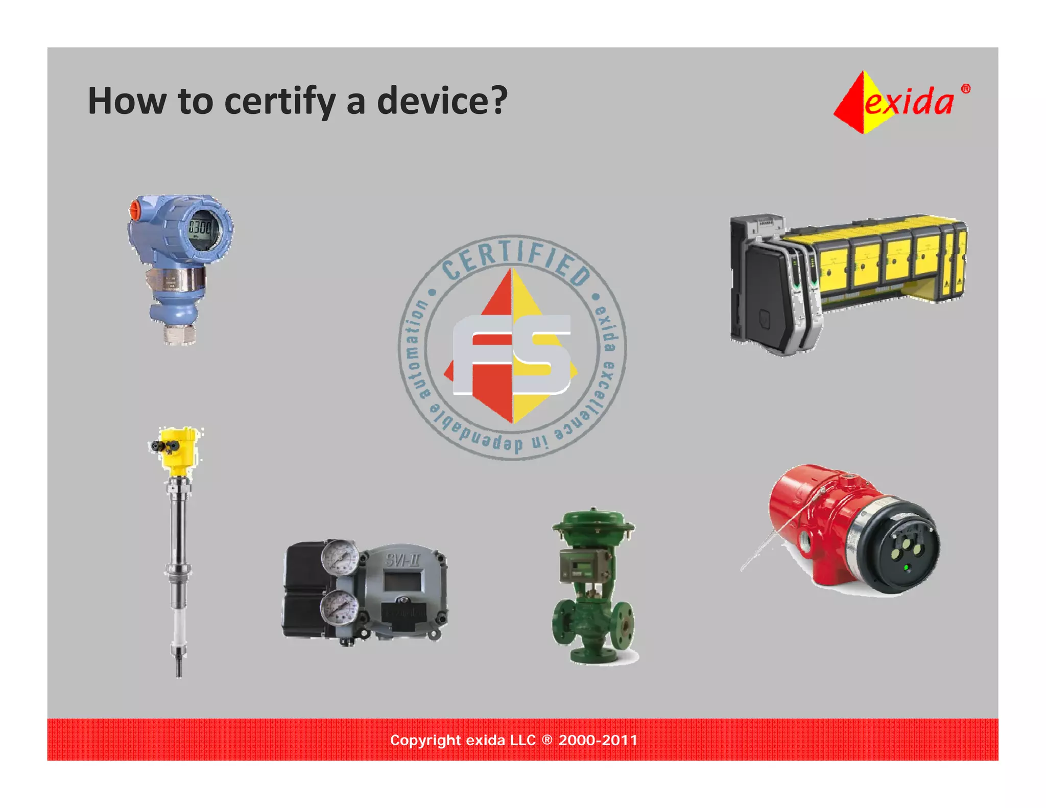 How to certify a device?




                 Copyright exida LLC ® 2000-2011
 