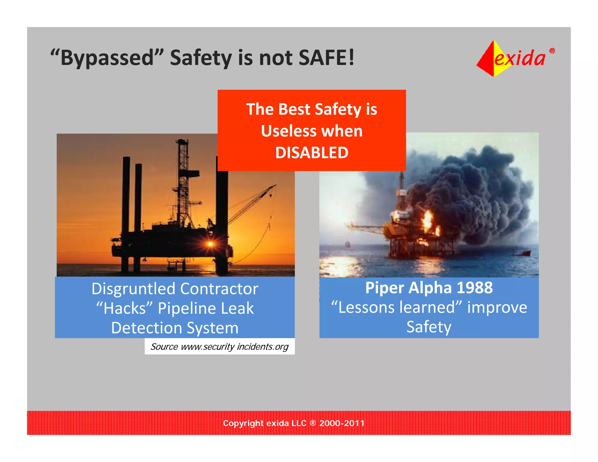 “Bypassed” Safety is not SAFE!

                                  The Best Safety is 
                                    Useless when 
                                     DISABLED




    Disgruntled Contractor                             Piper Alpha 1988
    “Hacks” Pipeline Leak                          “Lessons learned” improve 
       Detection System                                      Safety
           Source www.security incidents.org




                            Copyright exida LLC ® 2000-2011
 