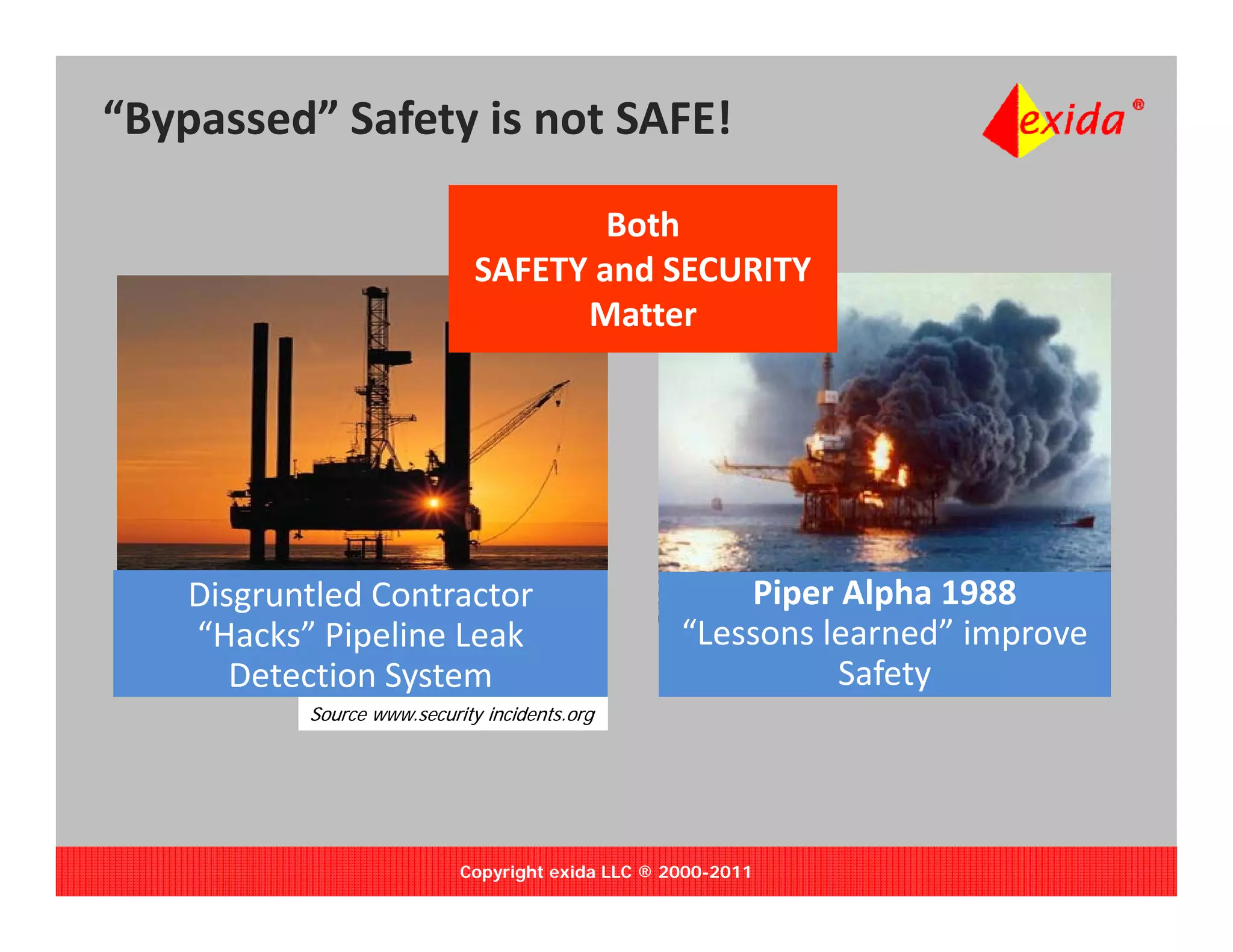 “Bypassed” Safety is not SAFE!

                                      Both
                              SAFETY and SECURITY
                                    Matter




    Disgruntled Contractor                             Piper Alpha 1988
    “Hacks” Pipeline Leak                          “Lessons learned” improve 
       Detection System                                      Safety
           Source www.security incidents.org




                            Copyright exida LLC ® 2000-2011
 