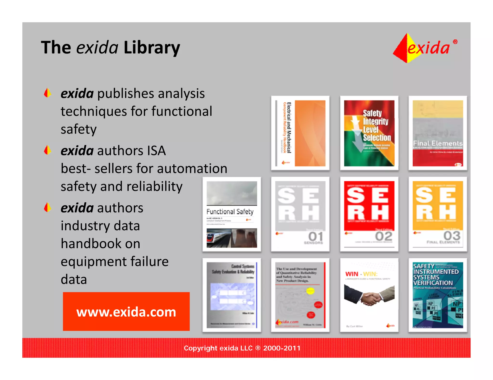 The exida Library 

  exida publishes analysis
         q
  techniques for functional 
  safety
  exida authors ISA 
  best‐ sellers for automation
  best sellers for a tomation
  safety and reliability
  exida authors
  industry data 
  handbook on
  equipment failure
  equipment failure
  data

    www.exida.com
    www exida com

                      Copyright exida LLC ® 2000-2011
 