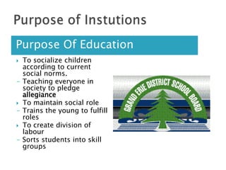 Purpose of InstutionsPurpose Of EducationTo socialize children according to current social norms.- Teaching everyone in society to pledge allegianceTo maintain social role- Trains the young to fulfill rolesTo create division of labour - Sorts students into skill groups