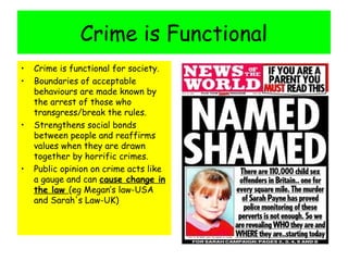 Crime is Functional
•   Crime is functional for society.
•   Boundaries of acceptable
    behaviours are made known by
    the arrest of those who
    transgress/break the rules.
•   Strengthens social bonds
    between people and reaffirms
    values when they are drawn
    together by horrific crimes.
•   Public opinion on crime acts like
    a gauge and can cause change in
    the law (eg Megan’s law-USA
    and Sarah's Law-UK)
 