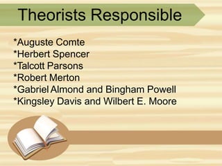 Theorists Responsible
*Auguste Comte
*Herbert Spencer
*Talcott Parsons
*Robert Merton
*Gabriel Almond and Bingham Powell
*Kingsley Davis and Wilbert E. Moore
 