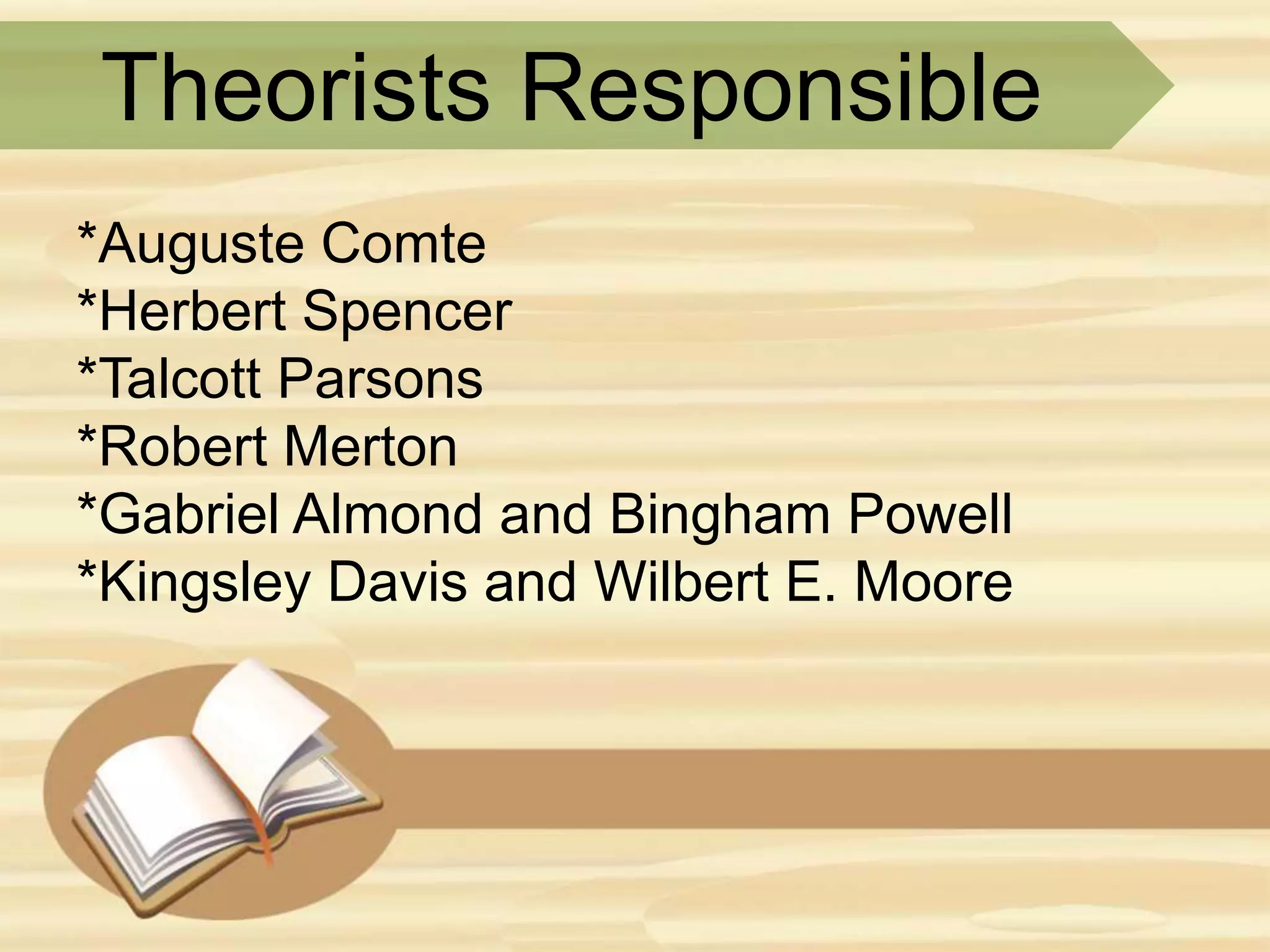 Theorists Responsible
*Auguste Comte
*Herbert Spencer
*Talcott Parsons
*Robert Merton
*Gabriel Almond and Bingham Powell
*Kingsley Davis and Wilbert E. Moore
 