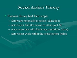 Social Action Theory
• Parsons theory had four steps:
– Actors are motivated to action (education)
– Actor must find the means to attain goal ($)
– Actor must deal with hindering conditions (crisis)
– Actor must work within the social system (rules)
 