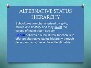 ALTERNATIVE STATUS 
HIERARCHY 
Subcultures are characterised by spite, 
malice and hostility and they invert the 
values of mainstream society. 
Cohen believes a subcultures’ function is to 
offer an alternative status hierarchy through 
delinquent acts, having failed legitimately. 
 