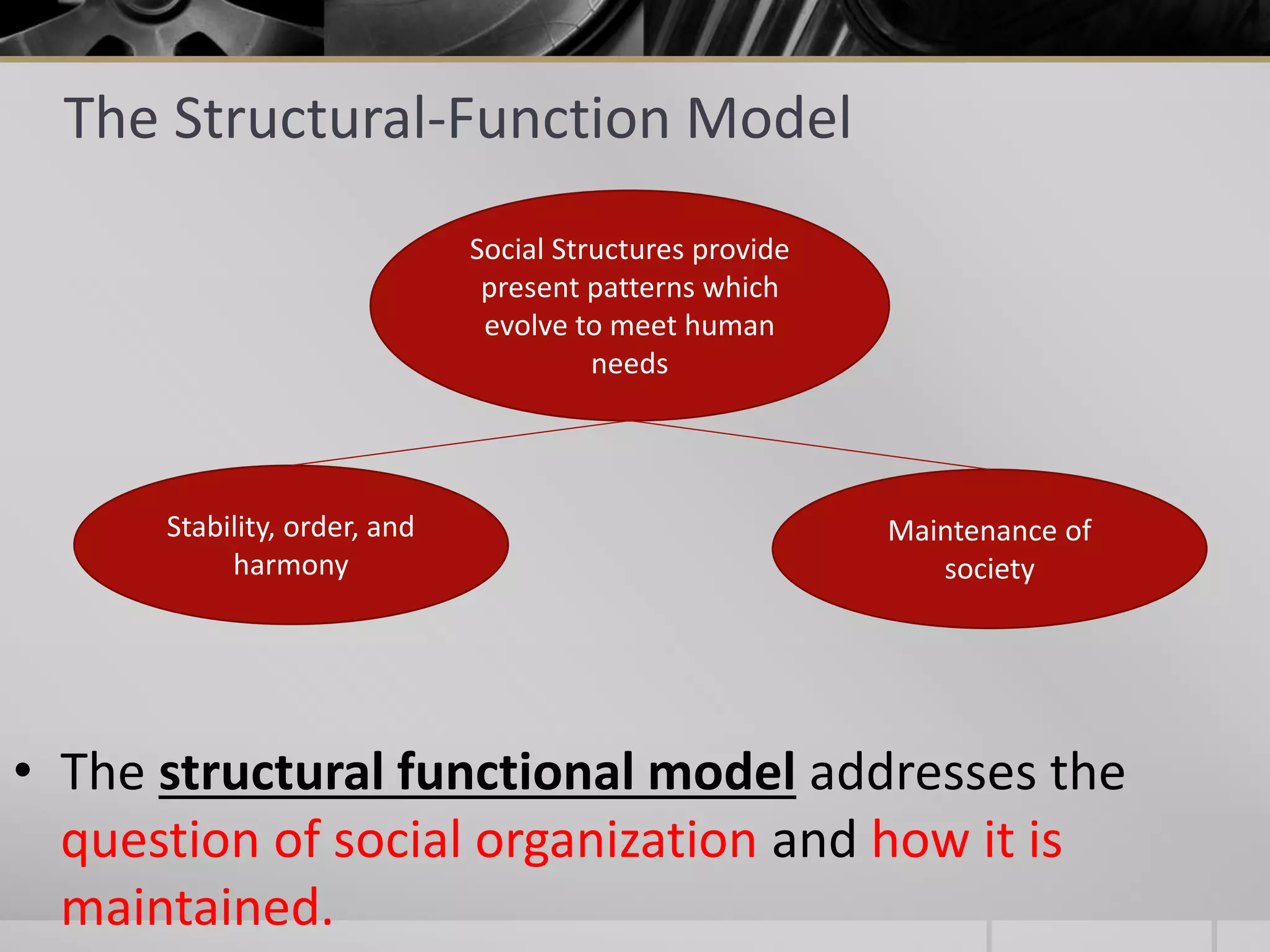 Social Structures provide 
present patterns which 
evolve to meet human 
needs 
Stability, order, and 
harmony 
Maintenance of 
society 
The Structural-Function Model 
• The structural functional model addresses the 
question of social organization and how it is 
maintained. 
 