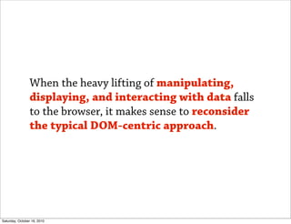 When the heavy lifting of manipulating,
                displaying, and interacting with data falls
                to the browser, it makes sense to reconsider
                the typical DOM-centric approach.




Saturday, October 16, 2010
 