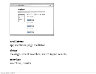mediators
                app mediator, page mediator
                views
                message, recent searches, search input, results
                services
                searchers, results


Saturday, October 16, 2010
 